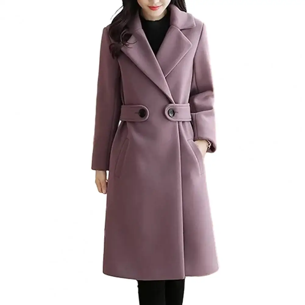 

Winter Coat Women Overcoat Stylish Mid-length Women's Overcoat with Belted Button Closure Turn-down Collar Long Sleeves for Fall