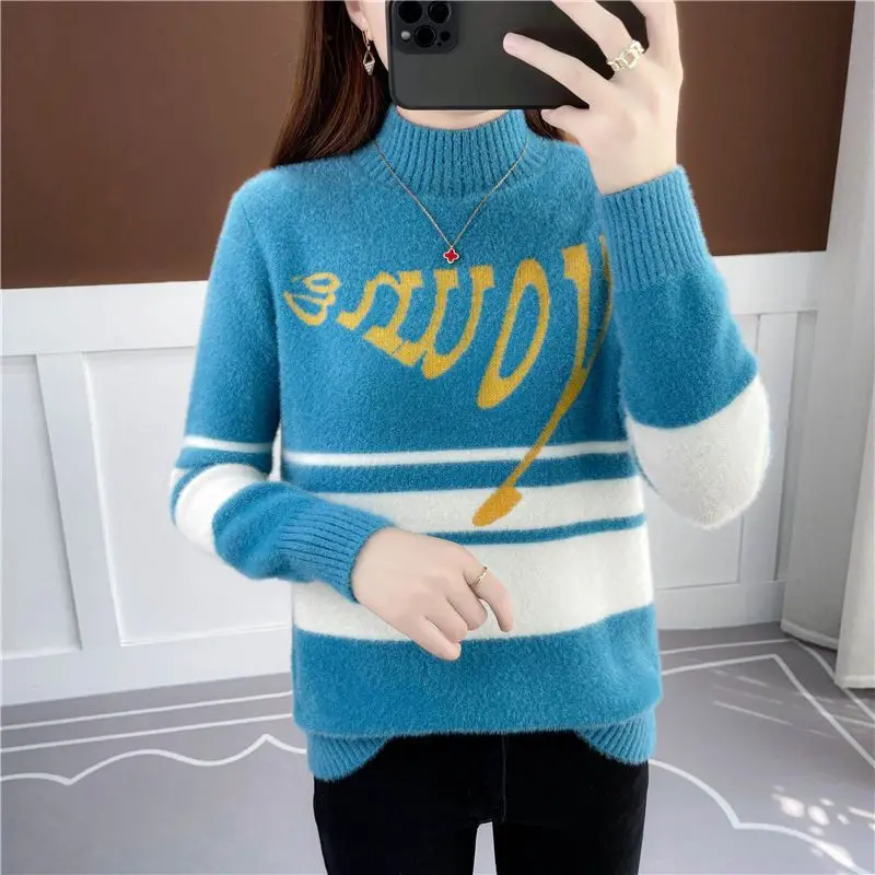 

Autumn and Winter Women's Solid Color Pullover Standing Neck Letter Splice Loose Sleeve Sweater Knitwear Fashion Casual Tops