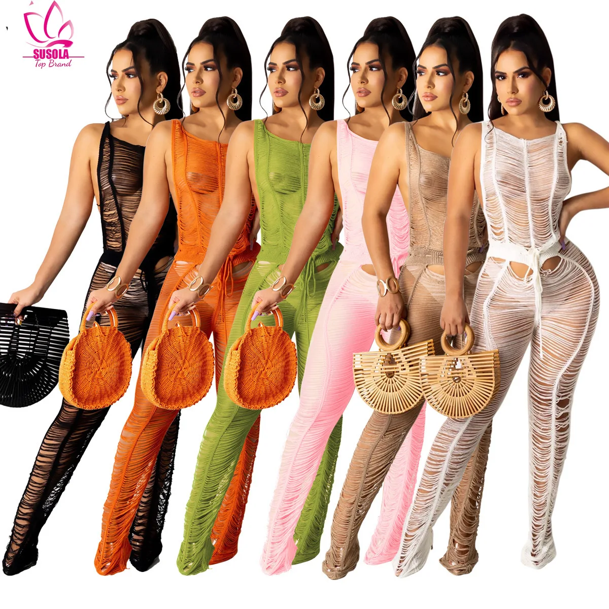 

Women Sexy Knitted Hollow Out Rib Tassel Bodysuit Rompers Sexy Lace Up See Through Jumpsuit Summer Beach Wear One Piece Jumpsuit