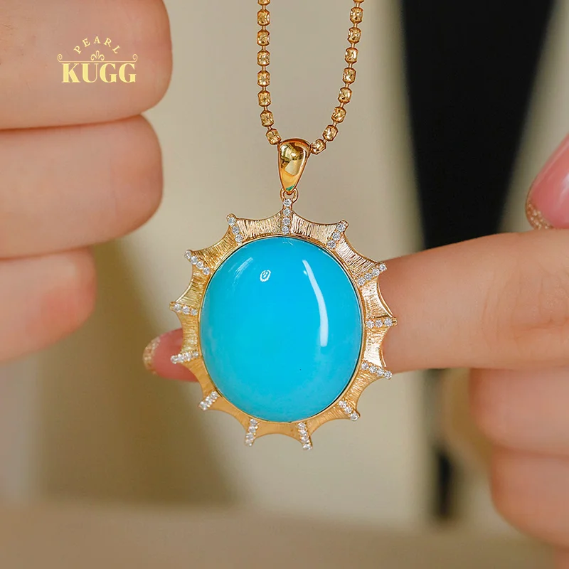 

KUGG 18K Yellow Gold Necklace Vintage Elegant Style Real Natural Turquoise Shiny Diamond Gemstone Pendant Necklace for Women