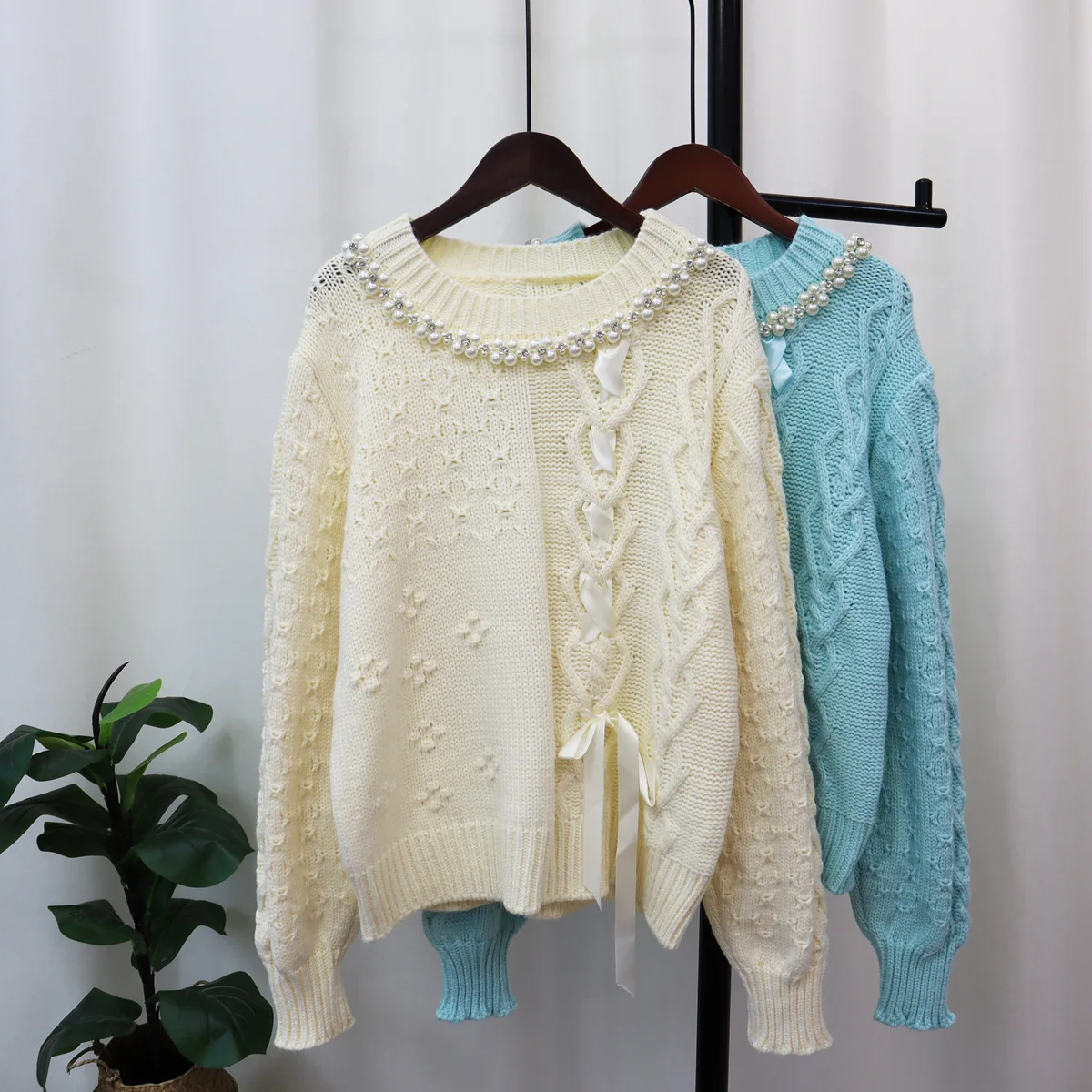 

Hsa 2023 Harajuku Solid Colour Women Pullovers Sweater Fall Winter O-Neck Beading Lace Up Long Sleeve Loose Knitted Sweater Tops
