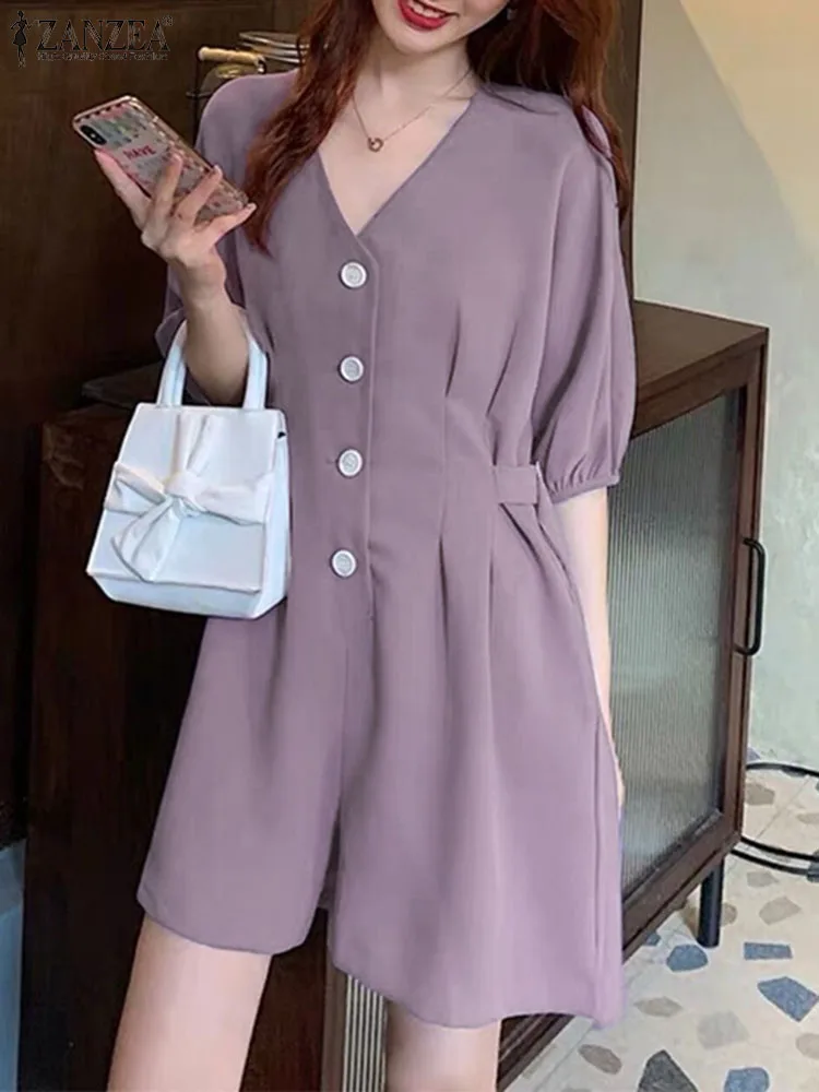

ZANZEA Summer Elegant Short Jumpsuits Women Playsuits Short Sleeve V-neck Casual 2024 Loose Pleated Buttons Solid Color Overalls