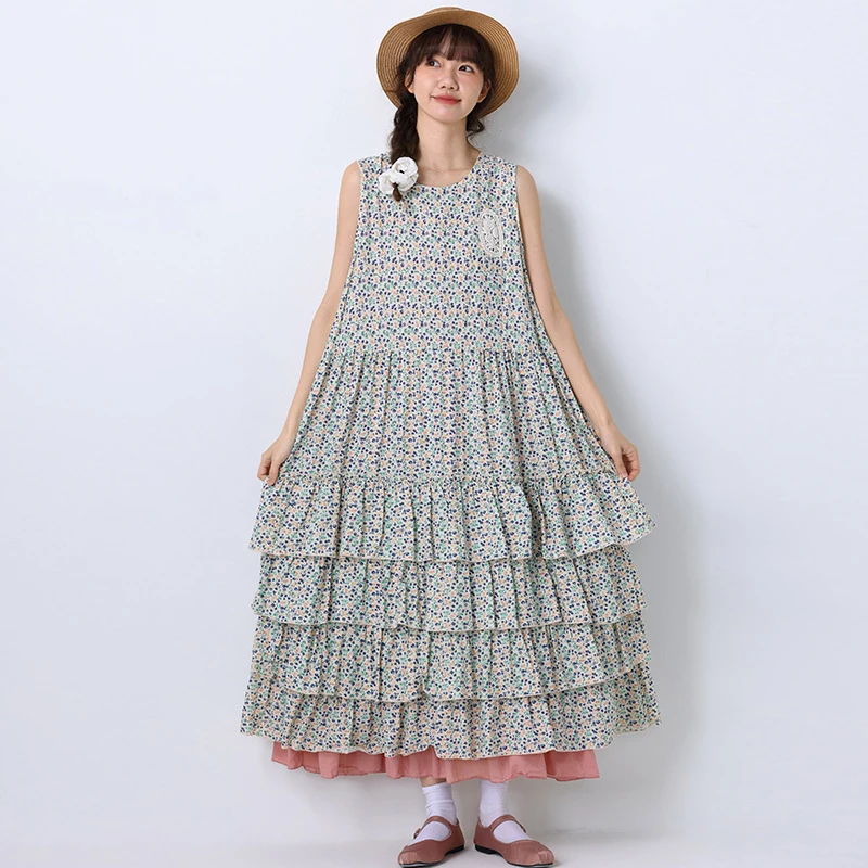 

Johnature Summer 2024 New Mori Sweet Sleeveless Cake Floral Vest Dresses Vintage Loose Casual Patchwork All Match Women Dresses