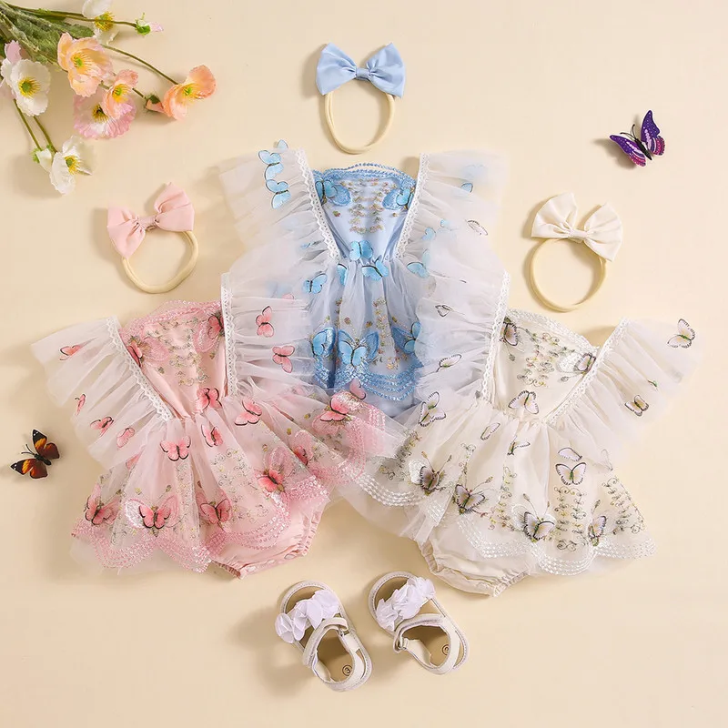 

Боди для маленьких девочек, платье с кружевной отделкой и вышивкой в виде бабочек, Тюлевая юбка с вышивкой на рукавах и подолом, боди, одежда с повязкой на голову