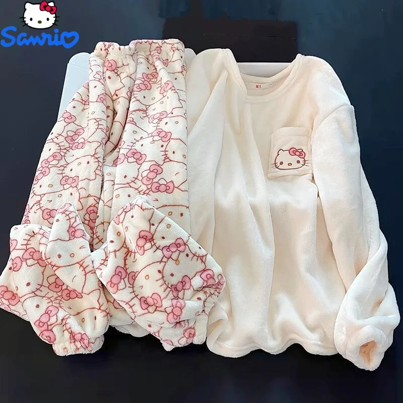 

Sanrio Japanese Cartoon Hello Kitty Stuff Pajamas Female Flannel Winter The New Plus Thicken Velvet Sweet Tracksuit Keep Warm
