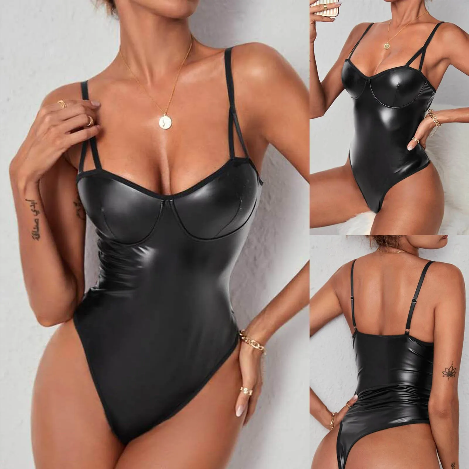 

Patent Leather Wrap Bust Eyelet Lace-up Women Bodysuit Sexy Mesh Backless Adjustable Suspender Rompers Black Corset Erotica Wear