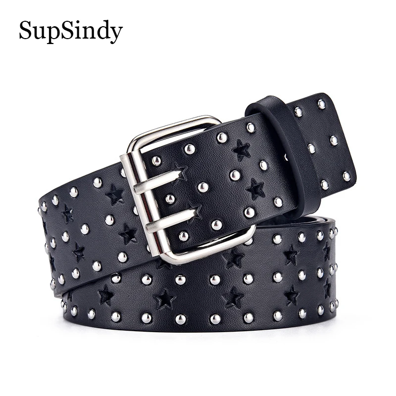 

SupSindy Men Leather Belt Punk Metal Rivets Pin Buckle Luxury Belts for Women Jeans Waistband Rock Motorcycle Hip Hop Male Strap