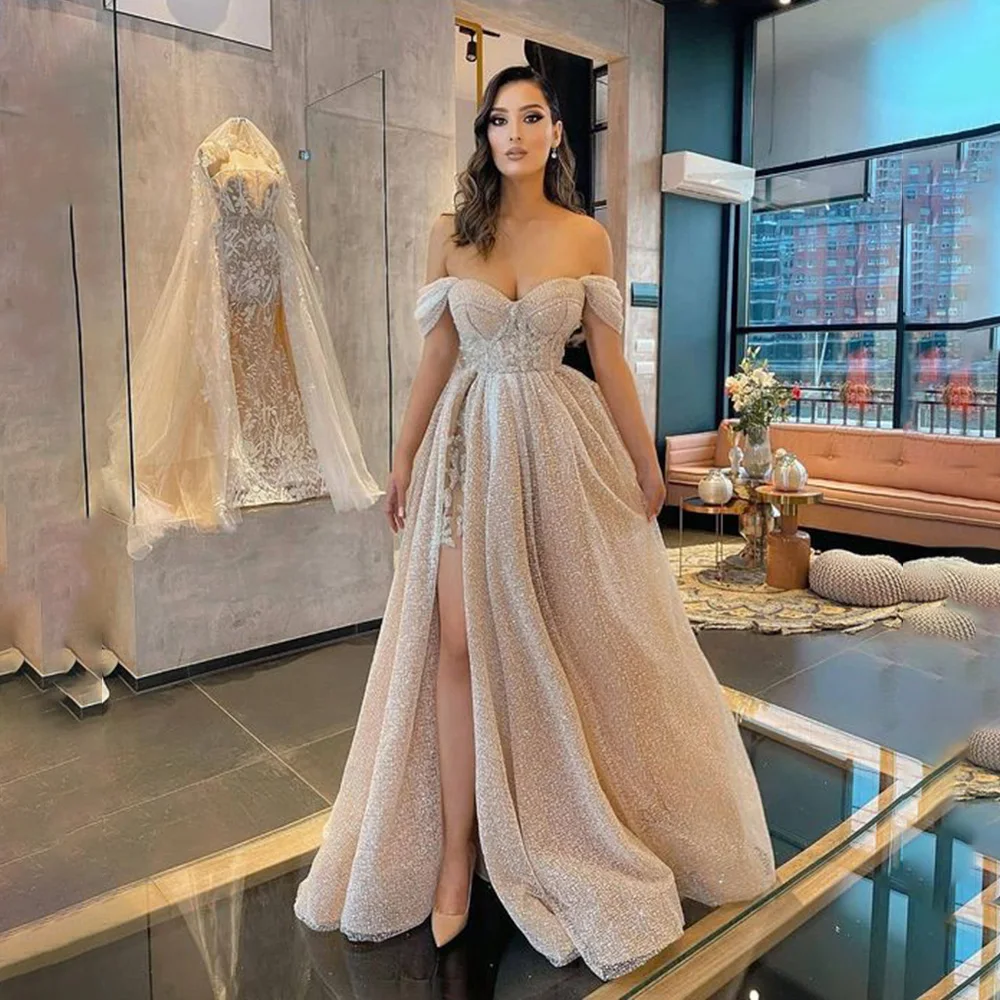 

Sparkly Off the Shoulder V-neck Sequins Lace Pleated Prom Dress for Women A-line Side Slit Court Prom Party Gown robes de soirée
