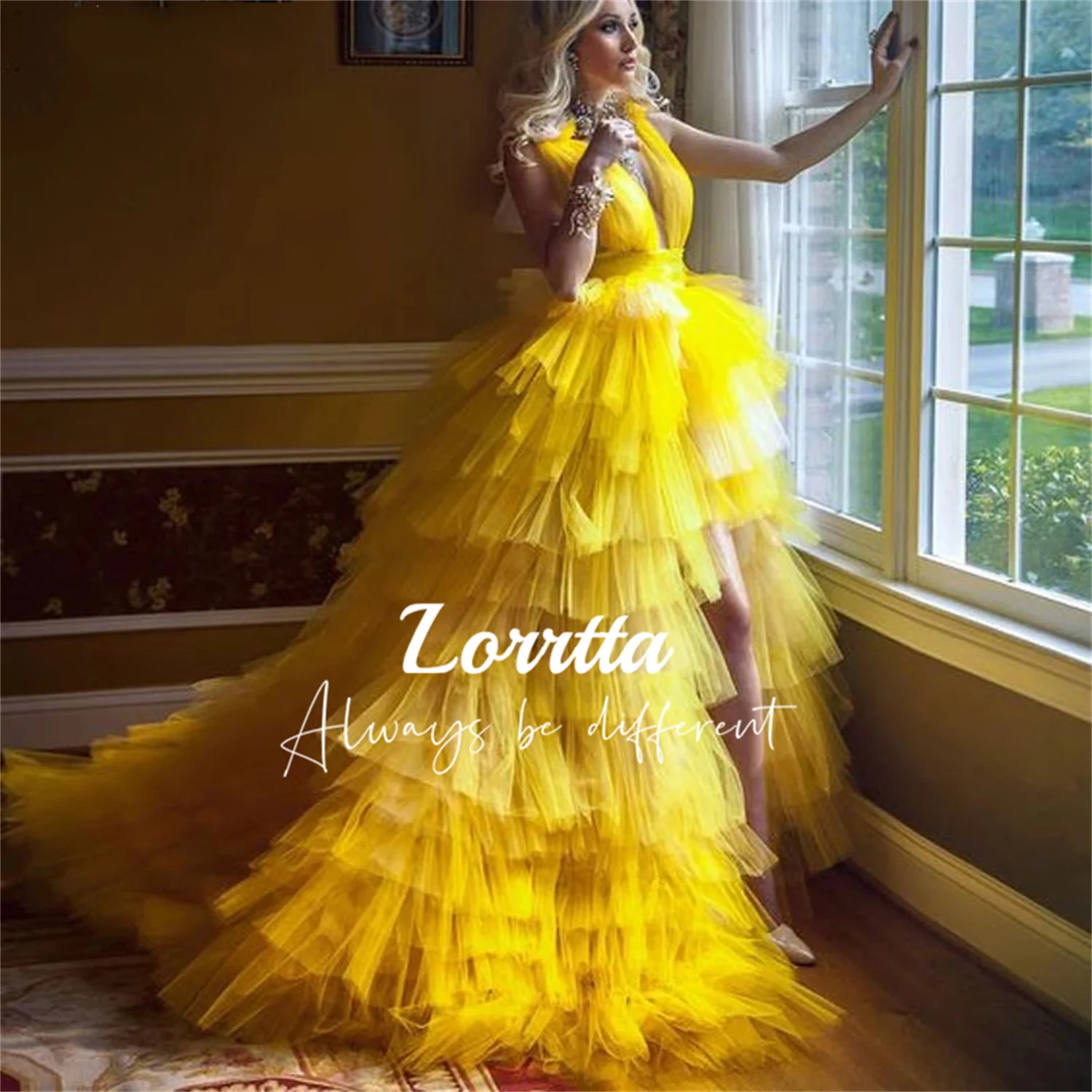 

Lorrtta V-neck Layered Side Slit Yellow Tulle Prom Dress Folds Floor-length Princess Evening Sexy Dresses Formal Party Gowns