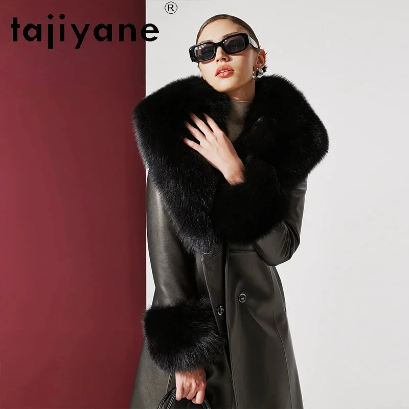 

High-end Tajiyane Real Leather Jacket Women Genuine Sheepskin Winter White Goose Down Coats Big Fox Fur Collar Warm Long Parkas