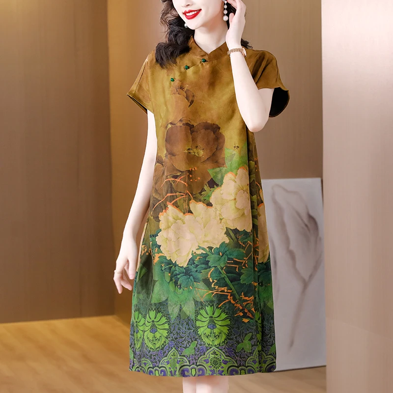

Yellow Floral Silk Loose Waist Midi Dress for Women Summer New Chic Batwing Sleeve O-Neck Dress 2024Korean Vintage Elegant Dress