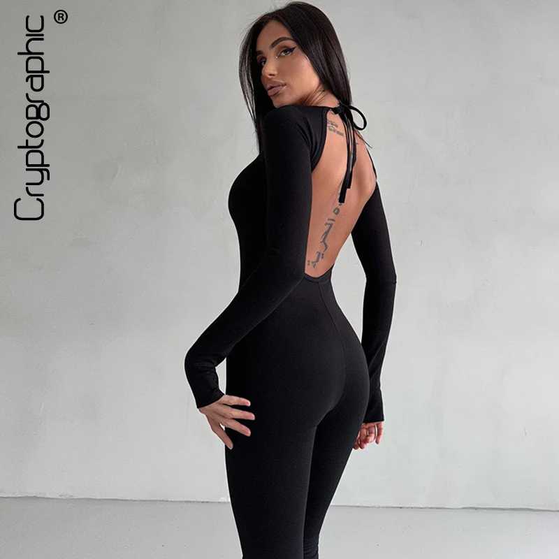 

Cryptographic Fashion Sexy Backless Jumpsuits Solid Flare Pant Club Outfits for Women One Piece Party Unitards Romper Overalls