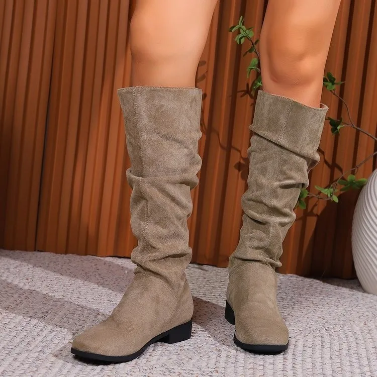 

Женские ботинки до середины икры, однотонные ботинки в стиле ретро на высоком каблуке, с круглым носком, в римском стиле, сапоги на низком каблуке, 2024