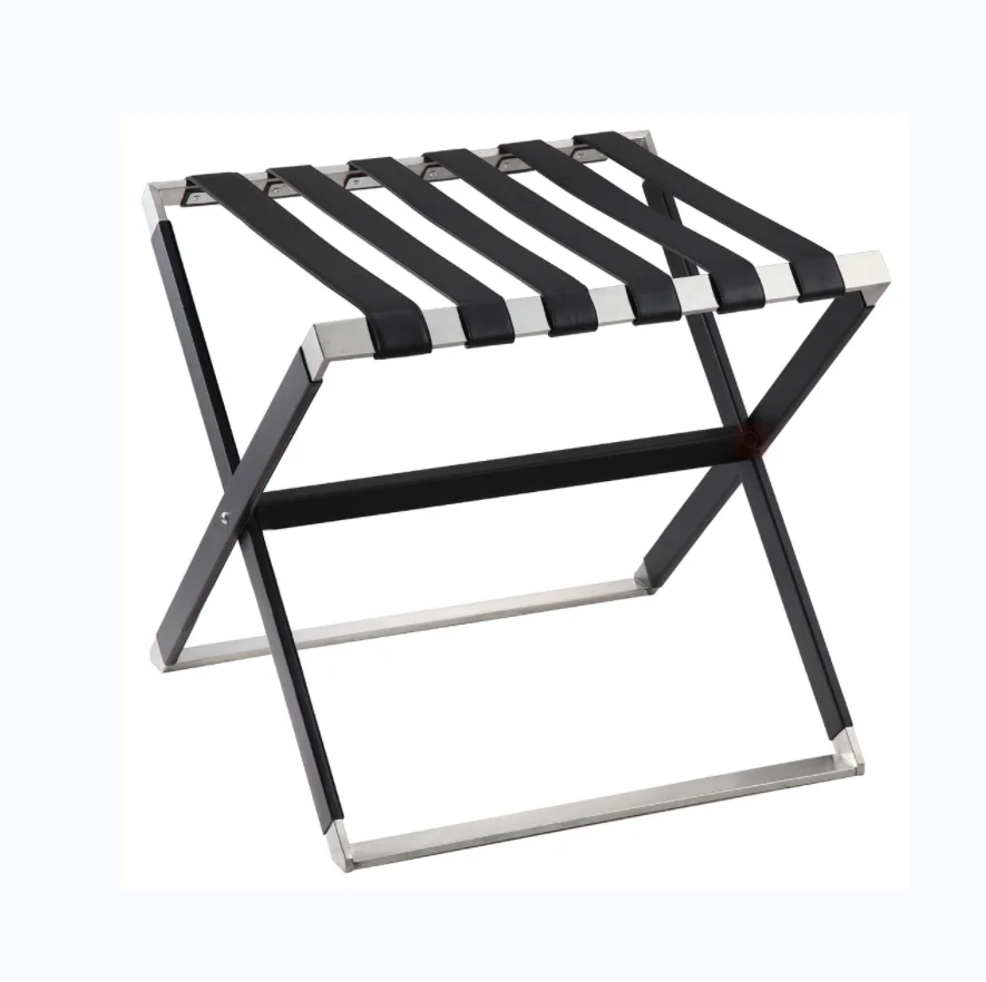 

Five Star Hotel Luggage Rack Luggage Stand Modern Hotel Furniture Strips Stainless Steel with PU Leather Luggage School Bags