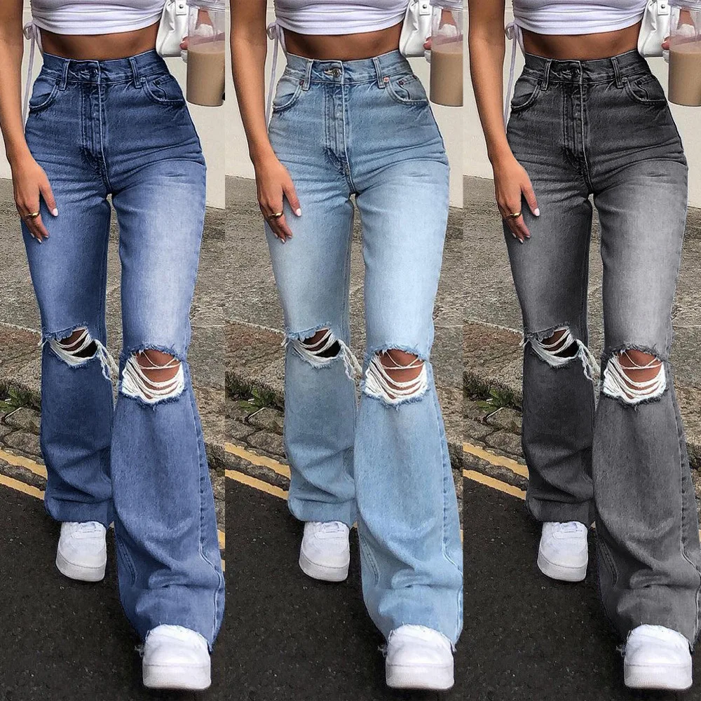 

Women's Jeans Trend Autumn 2023 Fashion High Waist Buttoned Cutout Ripped Casual Skinny Plain Pocket Design Daily Jeans