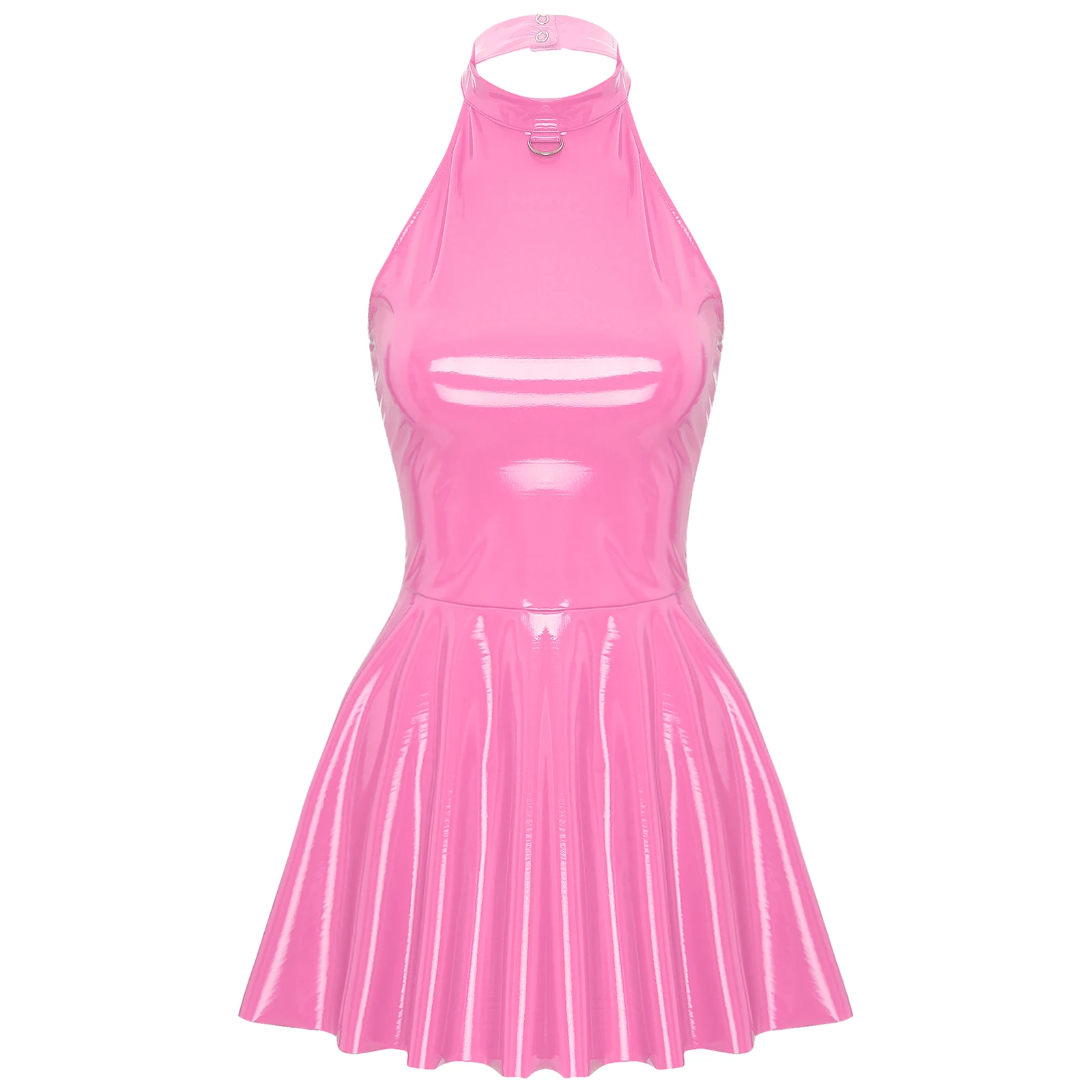 

Womens Latex Swing Skirt Disco Dress Glossy Patent Leather Clubwear Halter Sleeveless Skater Mini Dress Rave Party Clubwear