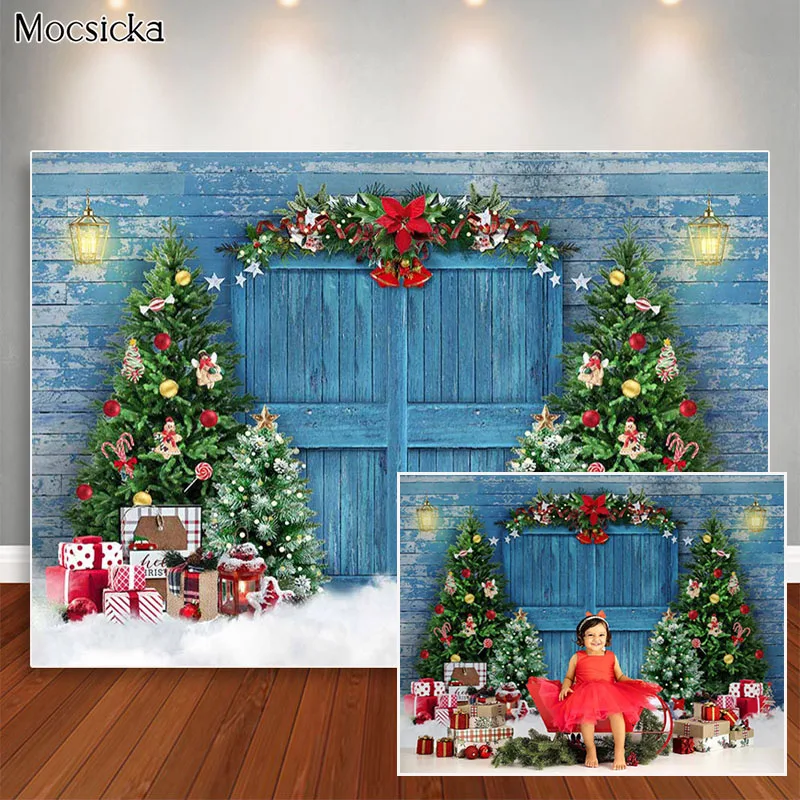 

Christmas Backdrop Blue Rustic Wood Xmas Tree Gift Decor Photoshoot Kids Family Portrait Photo Props Studio Booth Background