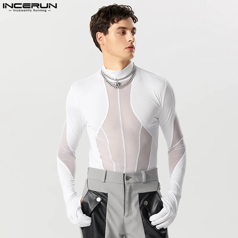 

INCERUN 2023 American Style Men's Rompers Sexy Fashion Mesh Splicing Design Jumpsuits Casual Thimble Long Sleeve Bodysuits S-5XL