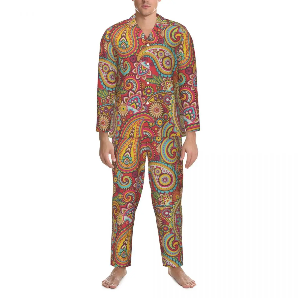 

Pajamas Man Retro Paisley Sleep Nightwear Trippy Hippy Print 2 Piece Casual Loose Pajama Sets Long Sleeves Oversized Home Suit