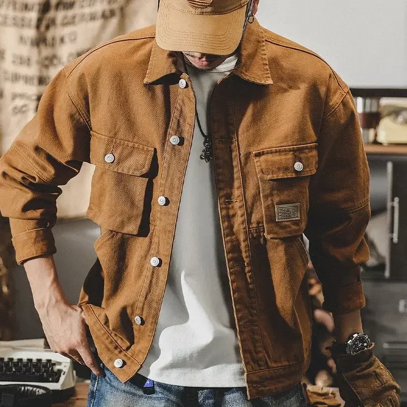 

Men's Denim Jacket Autumn Brown Cargo Male Jean Coats Free Shipping Y2k G Low Cost Cowboy Aesthetic Clothing Trendy Fast Delvery