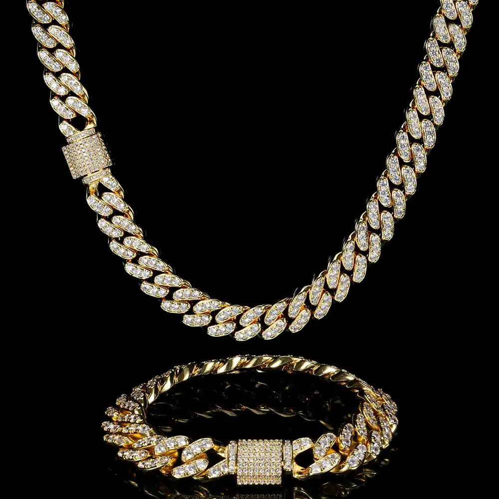 

Iced Out Zircon Necklaces 12mm Miami Cuban Link Chain for Men Icy Gold Plated Hip Hop Jewelry