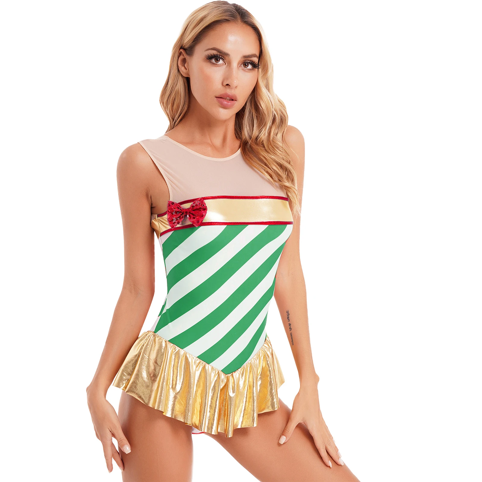 

Womens Christmas Dance Candy Cane Costume Ballet Figure Skating Tutu Leotard Dress Stripe Santa Claus Xmas Performance Dancewear