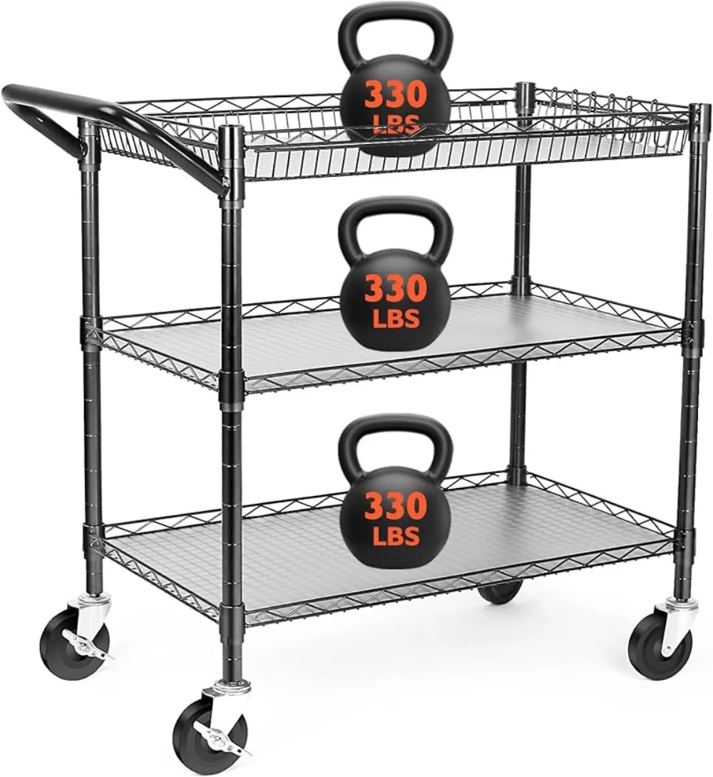 

Heavy Duty Utility Cart on Wheels 990Lbs Capacity 3 Tier Rolling Carts with Wheels Kitchen Cart on Wheels with Storage
