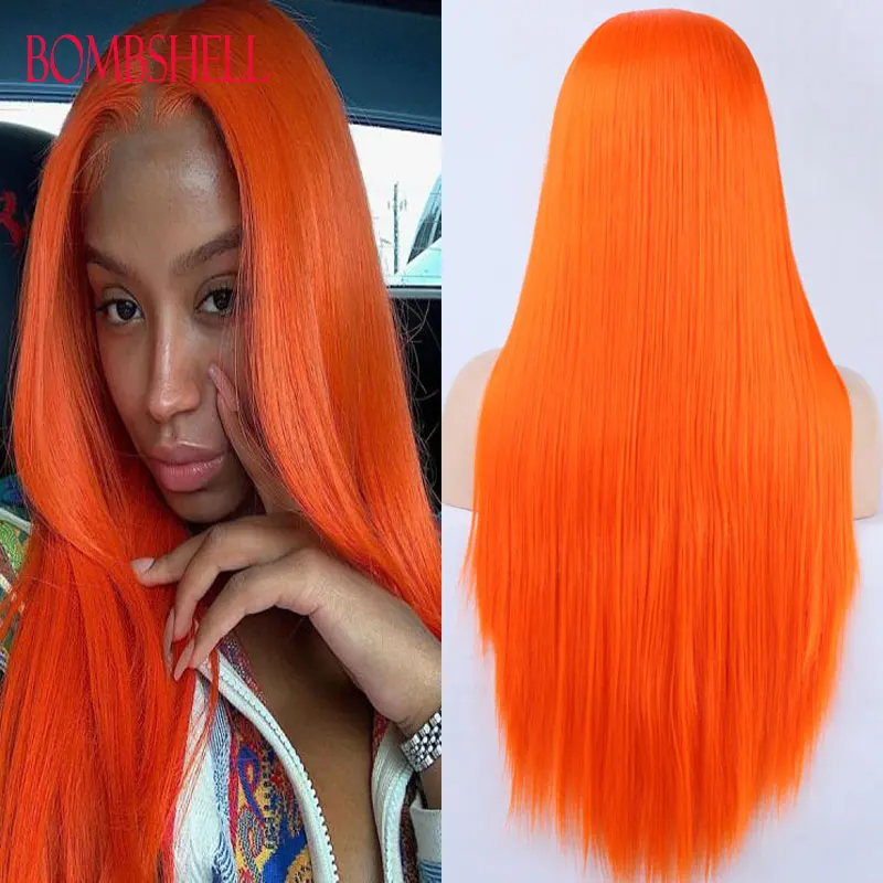 

Bombshell Ginger Orange Straight Glueless Synthetic 13X4 Lace Front Wigs High Quality Heat Resistant Fiber Hair For Women Wigs