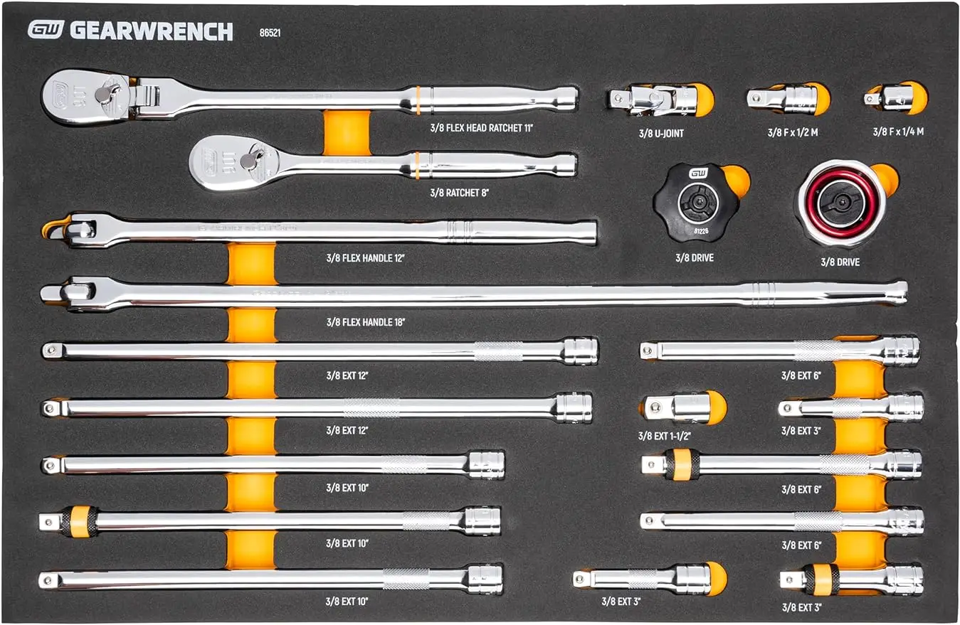 GEARWRENCH 21 Piece 3/8" 90T Ratchet & Drive Tool Set with EVA Foam Tray - 86521
GEARWRENCH 21 Piece 3/8" 90T Ratchet & Drive Tool Set with EVA Foam Tray - 86521