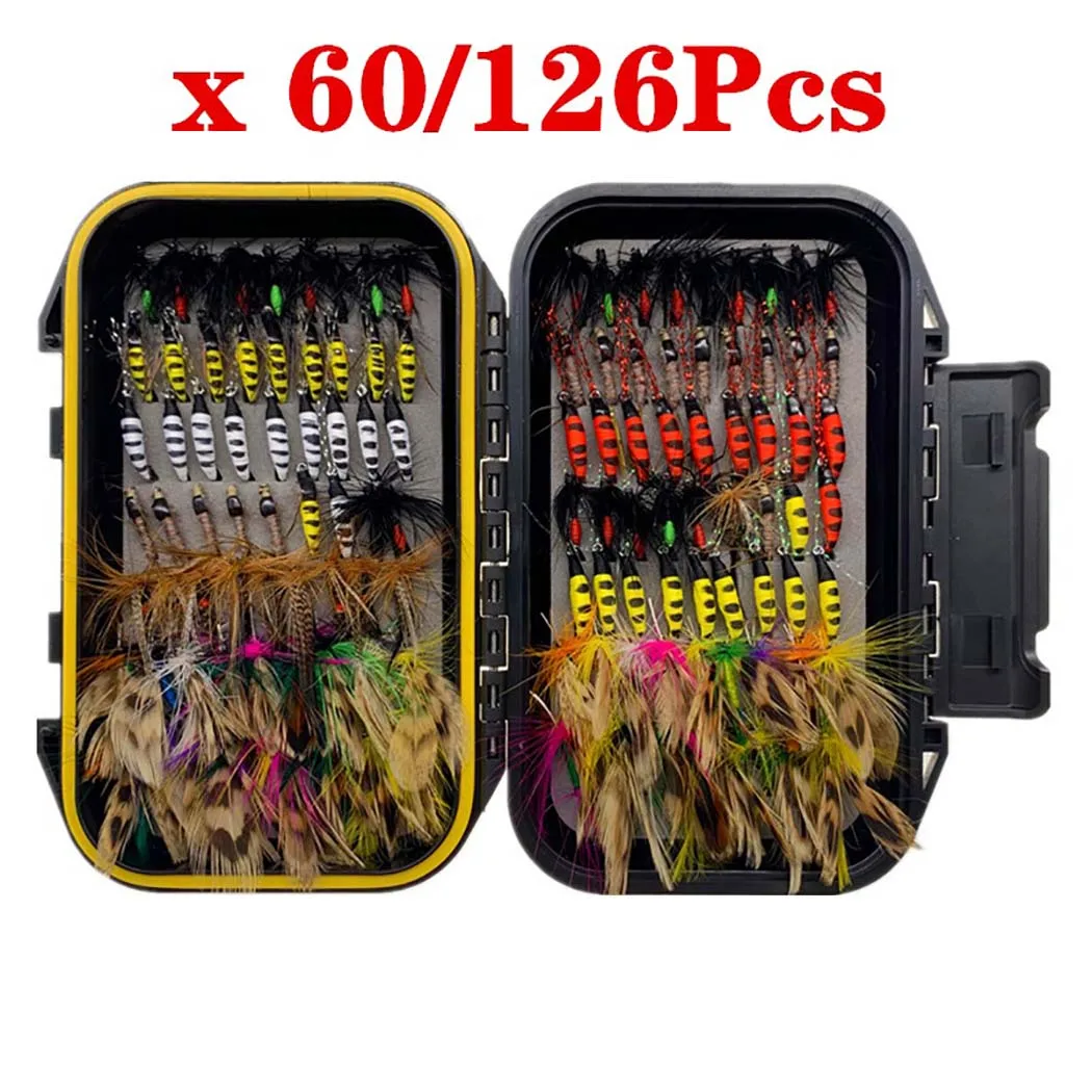 

60/126Pcs Fly Fishing Tackle Trout Lures Dry/Wet Flies Artificial Insect Baits Set Fly Fishing Hook with Fishing Box