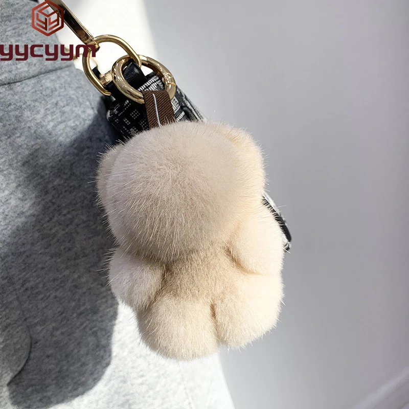 

Women Bag Charm Trinkets Car Metal Key Rings Rear View Mirror Ornaments Cute Real Mink Fur Keychain Plush Panda Pendant Kids Toy