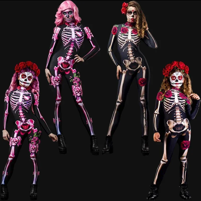 

Костюм страшного призрака Дня мертвых женщин, эротичный костюм розы со скелетом, для Хэллоуина, яркая одежда для карнавала, вечеринки для взрослых и детей