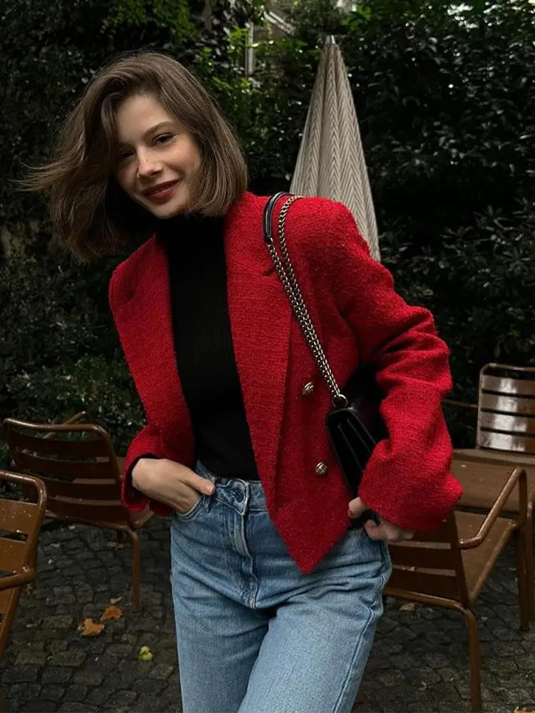 

Red Turndown Collar Blazer Jacket Women Covered Button Female Casual Cropped Coat 2023 Autumn Fashion Christmas Female Outwear