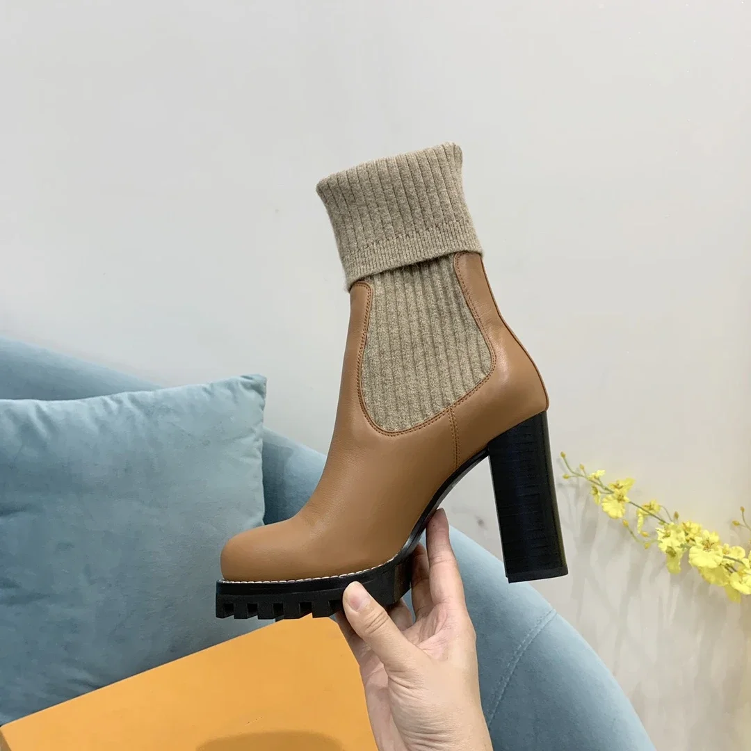 

New Shoes For Women Size34-43 Knitting Genuine Leather Sock Boots Super High Heels Ankle Boots Designer Shoes Zapatillas Mujer