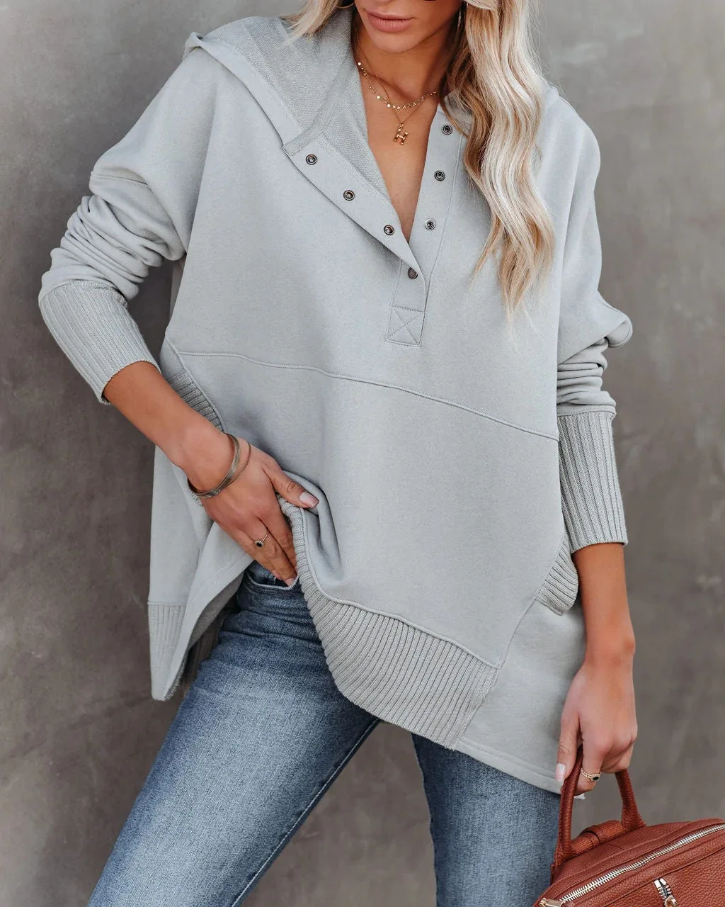 

Women Sweatshirts Autumn Fashion Ribbed Spliced Solid Color Casual V-Neck Long Sleeve Button Pocket Design Daily Hoodie