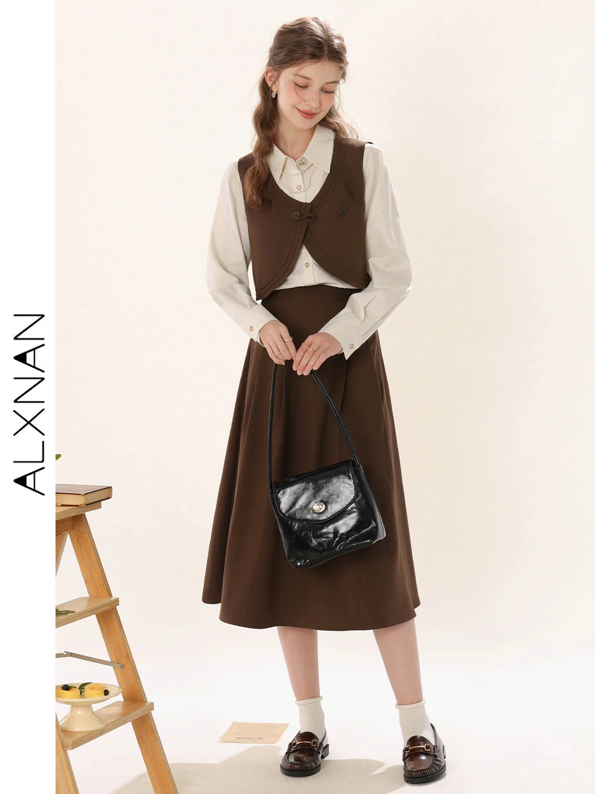 

ALXNAN Elegant Three-piece Suit For Women 2024 New Lapel Single-breasted Shirt V-neck Vest Pleated Skirt Sold Separate TM00235