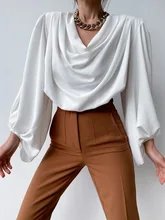 Elegant Chiffon Office Blouse Swinging Collar Draped Soft Comfort Short Shirt Women Spring Lantern Sleeve Wild Pullover 
Elegant Chiffon Office Blouse Swinging Collar Draped Soft Comfort Short Shirt Women Spring Lantern Sleeve Wild Pullover