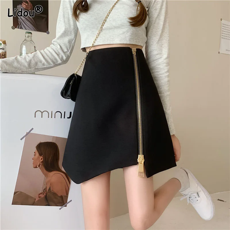 

Korean Simple Zipper Short Skirt Blended Solid Empire Women's Clothing 2022 New Autumn Winter Hot Selling Irregular A-line Skirt