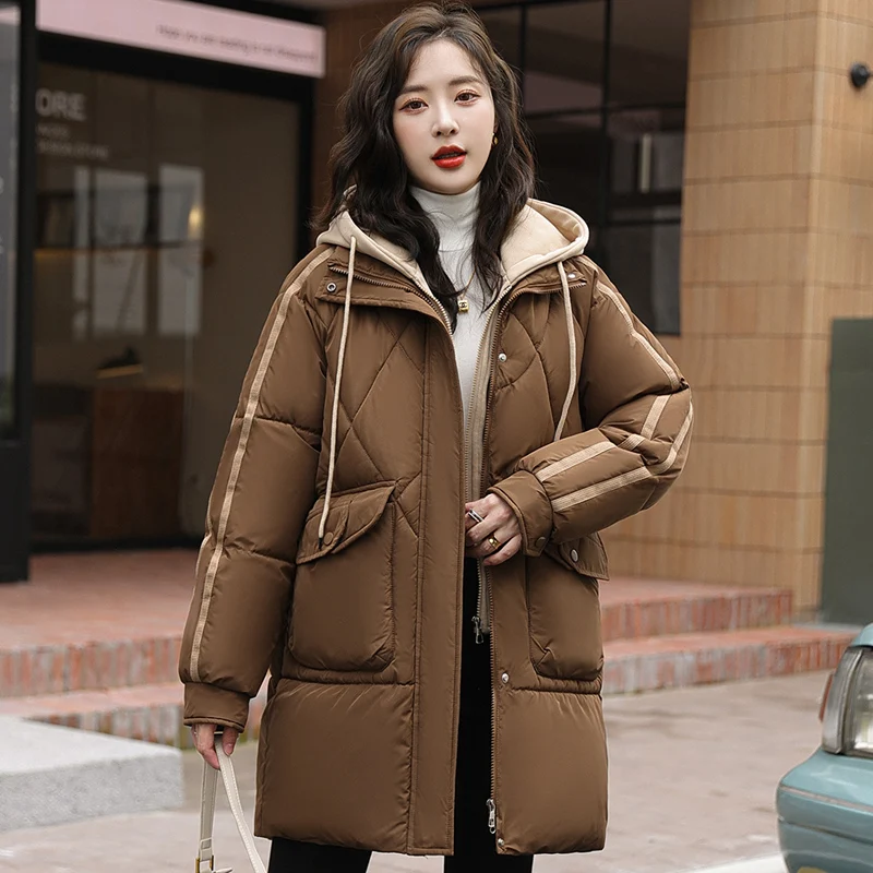 

Winter Thick Down Cotton Pdded Jacket Women Overcoat Fashion Hooded Casual Loose Long Parkas Mujer Fake Two Pieces Puffer Coat