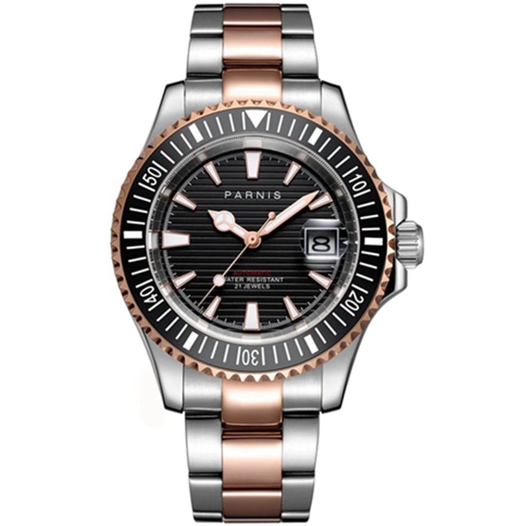 

Роскошные 41 мм позолоченные часы Parnis черный циферблат сапфировое стекло светящийся керамический ободок Автоматические наручные часы мужские E2630
