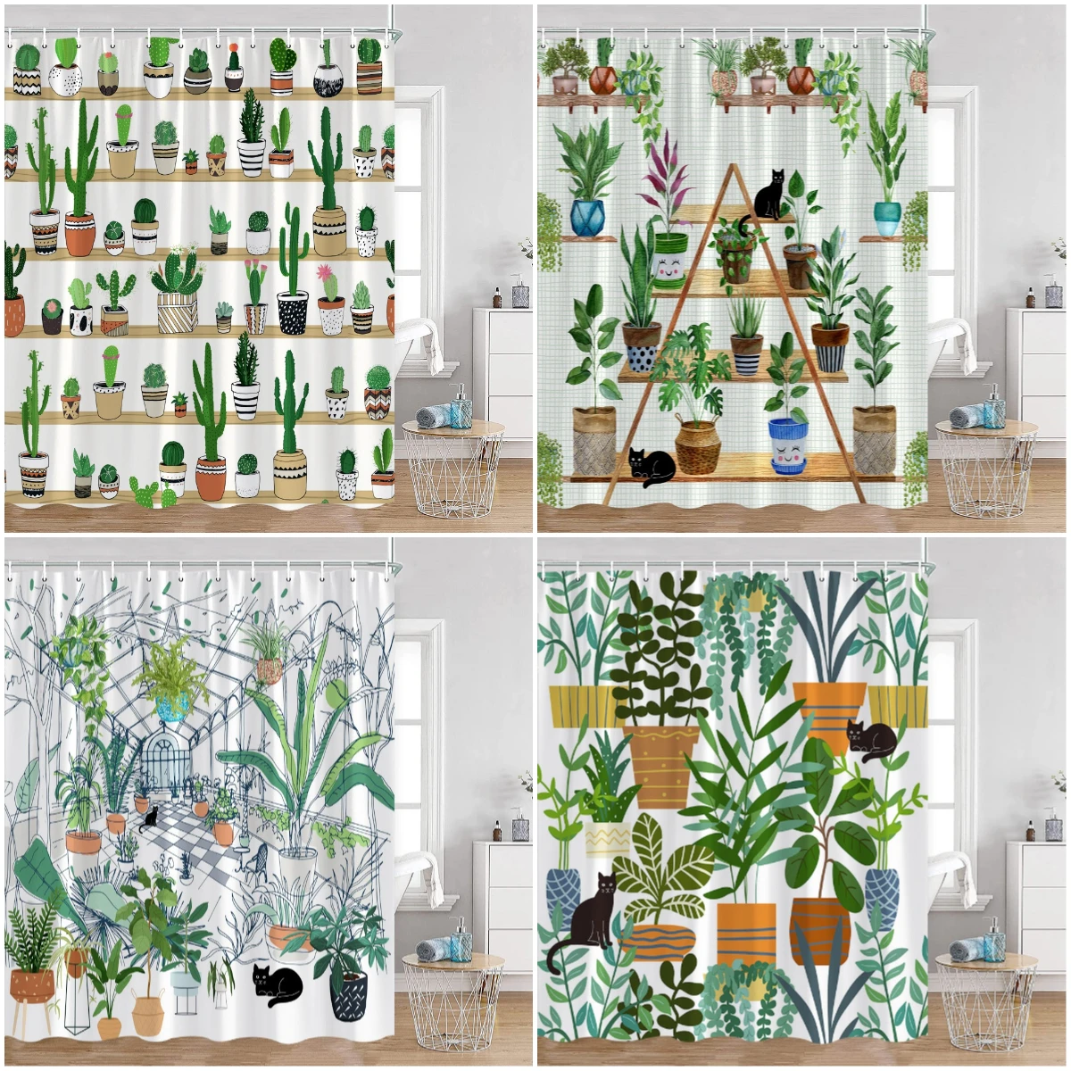 

Green Potted Plants Shower Curtains Cartoon Cats Hanging Tropical Leaves Decorations for Bath Polyester Fabric Bathroom Curtain