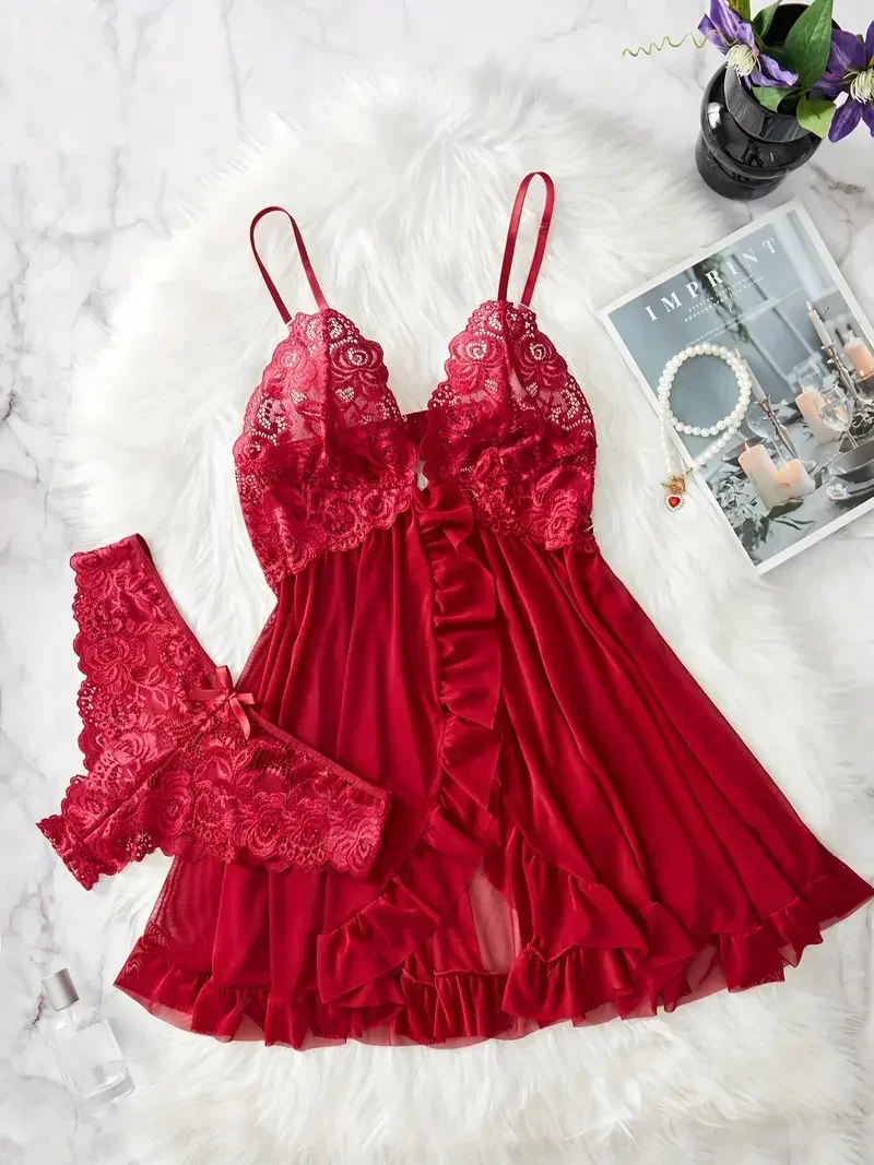 Chemise de nuit en dentelle sexy pour femmes, chemise de nuit avec nœud, vêtements de nuit, mini robe, col en V, slip complet, nuisette, lingerie, vêtements de nuit et robes 6