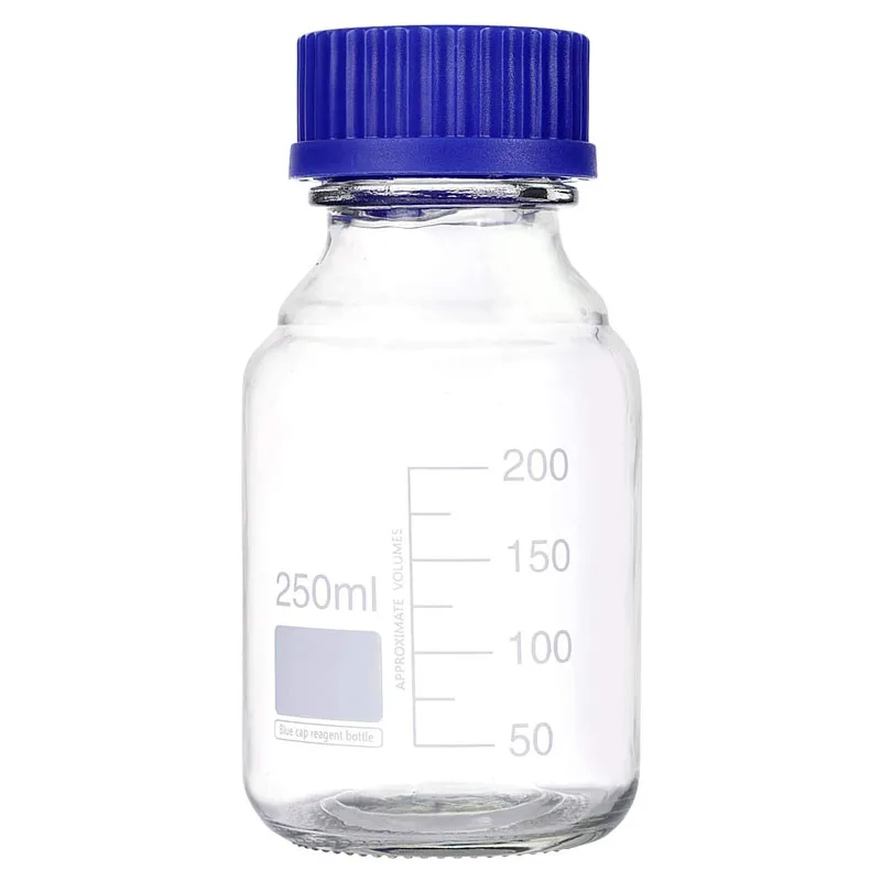 

2 шт. 250 мл Градуированный круглый реагент/стеклянная бутылка для хранения с синей полипропиленовой закручивающейся крышкой GL45