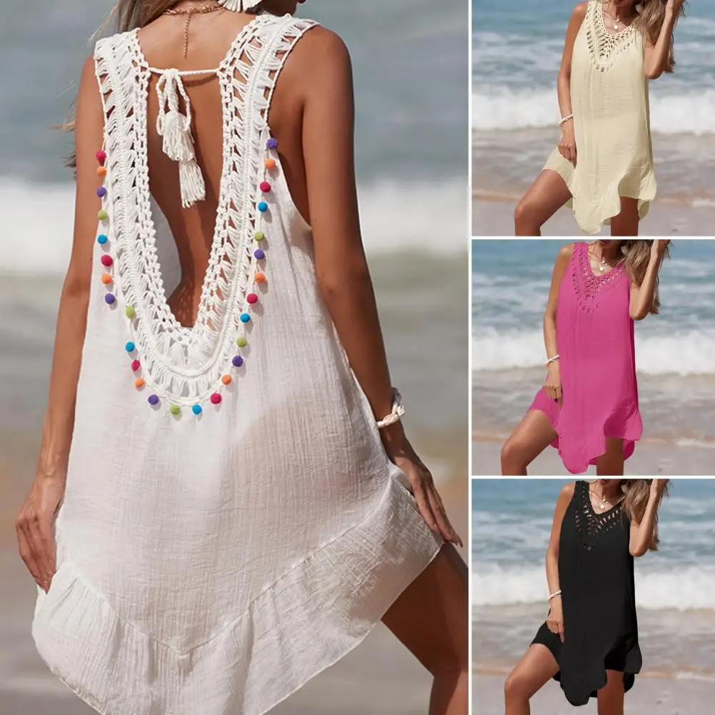 

Pendant Embellished Blouse Stylish Lace-up Crochet Beach Dress for Women V Neck Hollow Out Coverup with Sun Protection Bikini