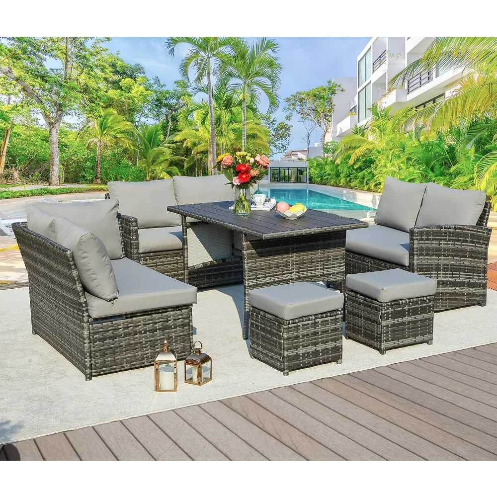 Patio Furniture Set, 7 Pieces Outdoor Patio Furniture with Dining Table&Chair, All Weather Wicker Conversation Set with Ottoman Patio Furniture Set, 7 Pieces Outdoor Patio Furniture with Dining Table&Chair, All Weather Wicker Conversation Set with Ottoman