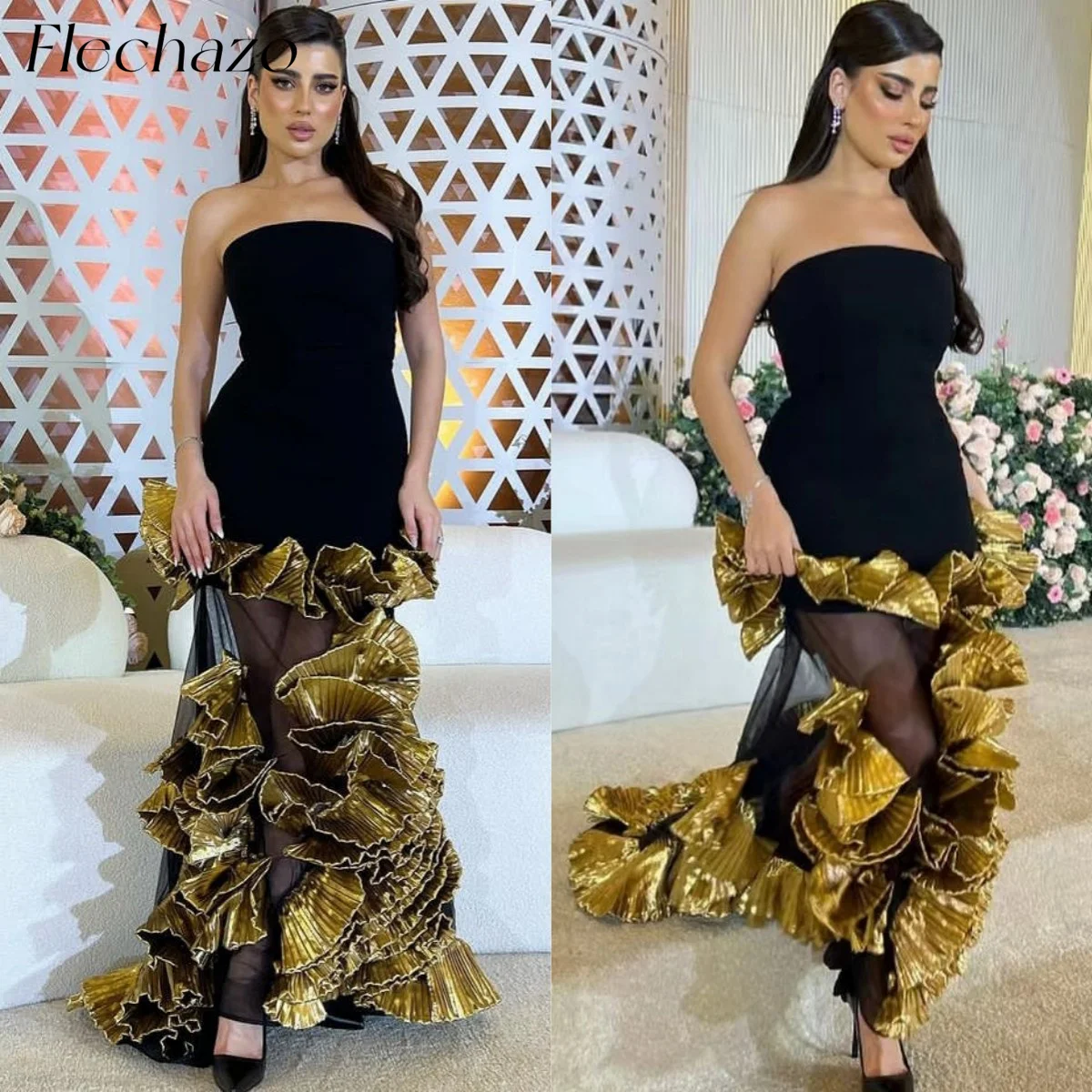 

Flechazo Black Sheath Evening Dresses Strapless Illusion Golden Hem Formal Occassion Dress For Women 2024 vestidos فساتين السهرة