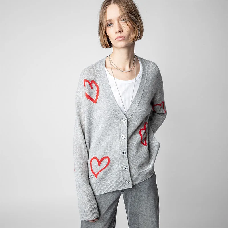 

Zadig Cashmere Cardigan Women Casual V Neck Grey Sweater Woman Winter 2023 New Sweaters Tops Female Red Love Jacquard Cardigans