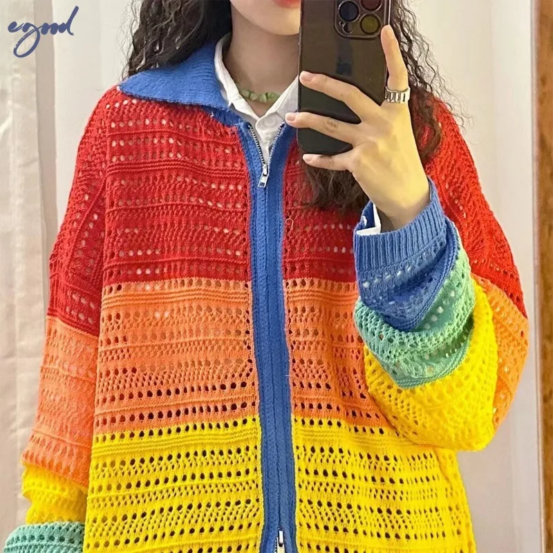 Fashion Rainbow Knit Hollow Out Sweater Coat Women Bi-directional Zipper Featured Sunscreen Clothing Autumn Long Sleeve Overcoat
Fashion Rainbow Knit Hollow Out Sweater Coat Women Bi-directional Zipper Featured Sunscreen Clothing Autumn Long Sleeve Overcoat