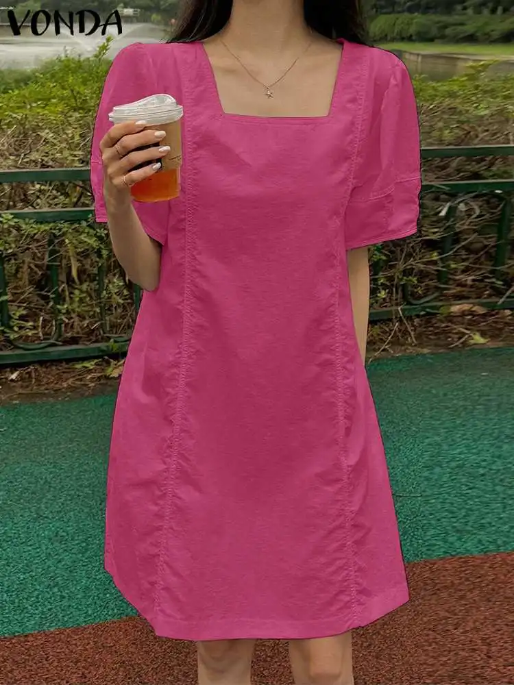 

Модное женское платье VONDA 2024, сарафан с коротким пышным рукавом, Повседневное платье с квадратным вырезом, богемное пляжное платье, женское мешковатое платье
