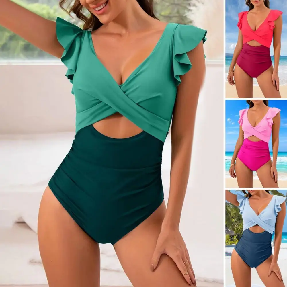 

Solid Color Monokini Stylish Women's One-piece Swimsuits Collection V-neck Monokini Ruffled Tummy Control Bathing Suit High